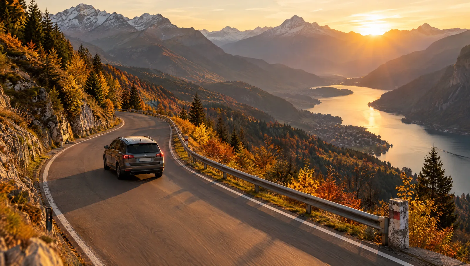 Voiture sur une route de montagne au lever du soleil, en route vers un pays voisin